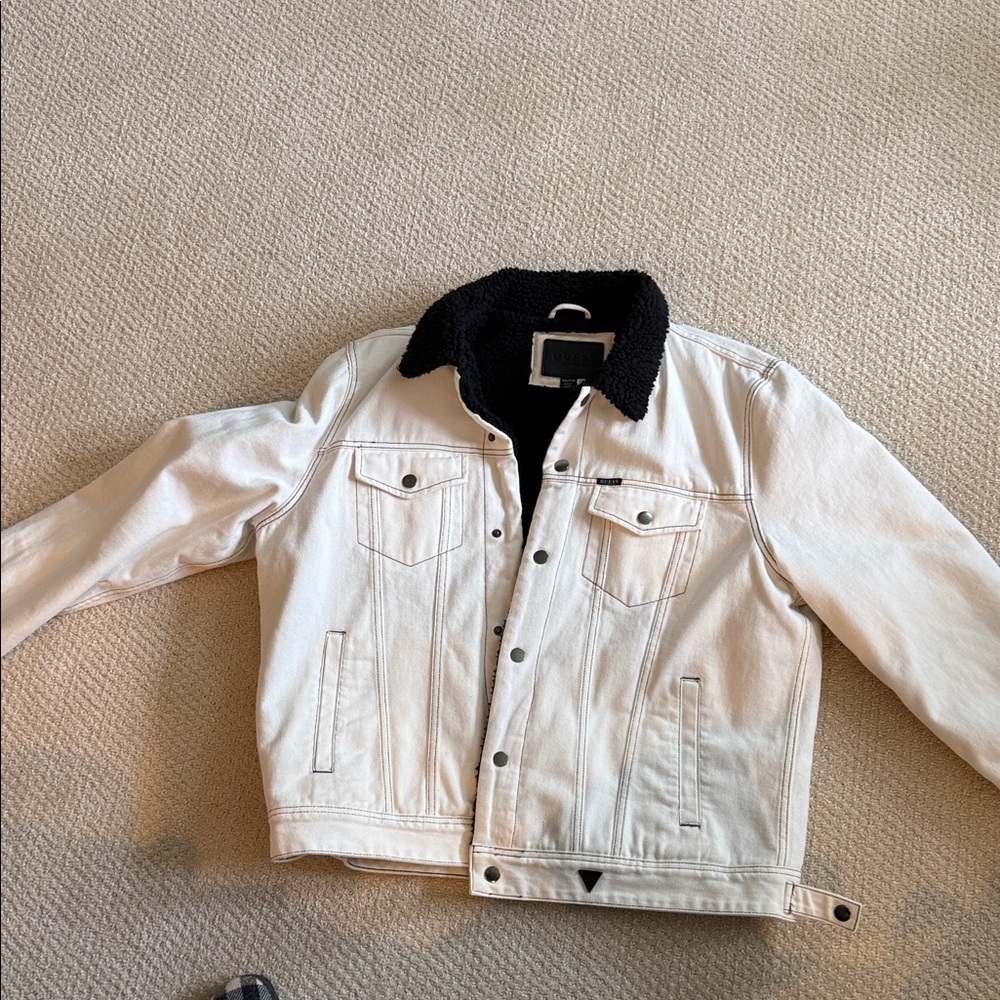 Guess Cream Jacket with Black Sherpa Trim